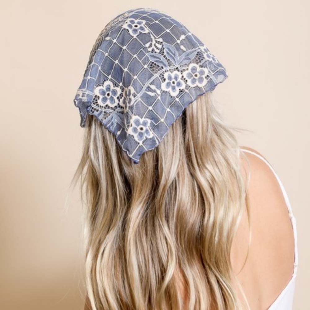 BOHEMIAN DUSTY BLUE FLORAL LACE FASHION HEADSCARF - Picture 1 of 3